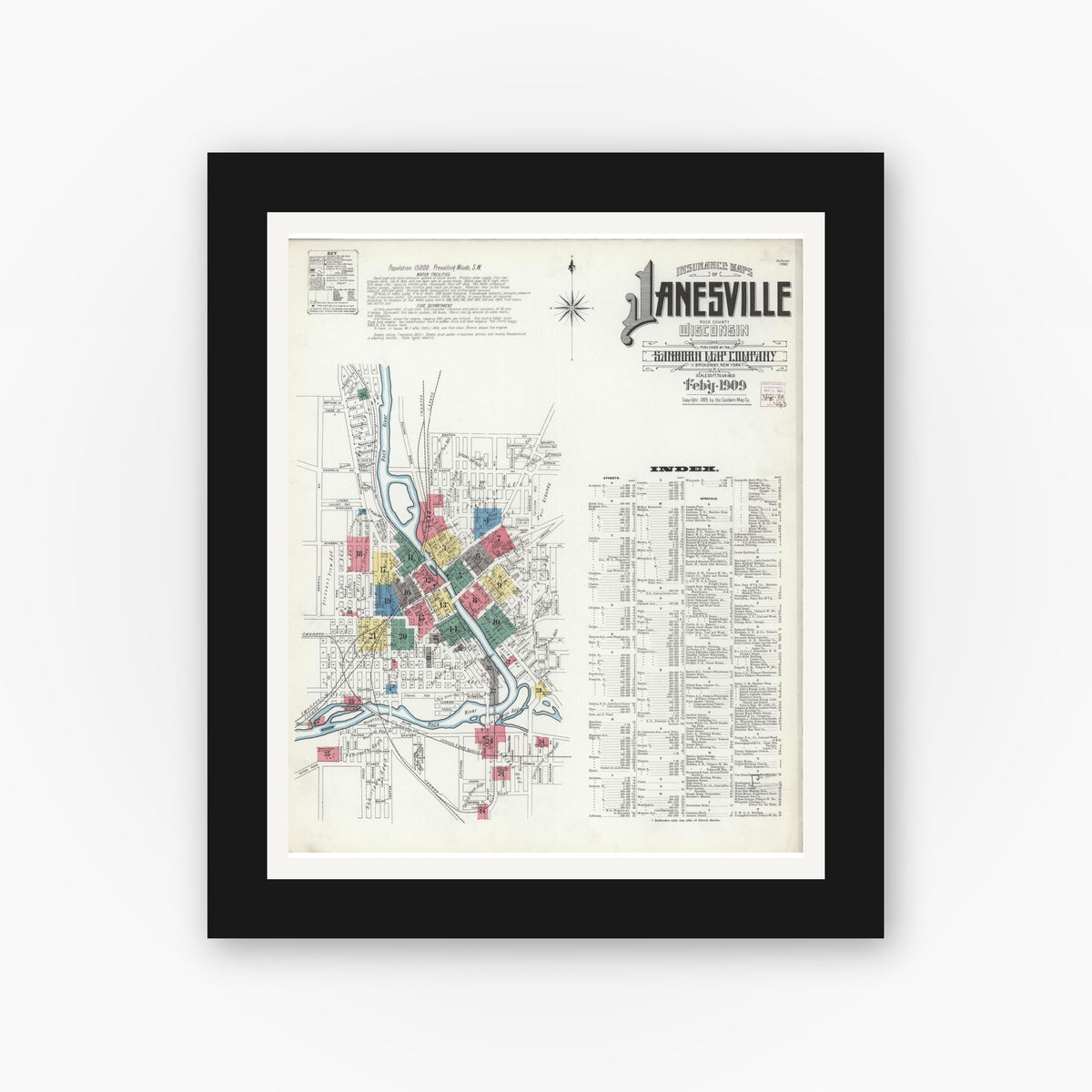 Old map wall art mockup — black gallery frame with white mat — Sanborn Fire Insurance Map from Janesville, Rock County, Wisconsin (1909) - Complete Map Set