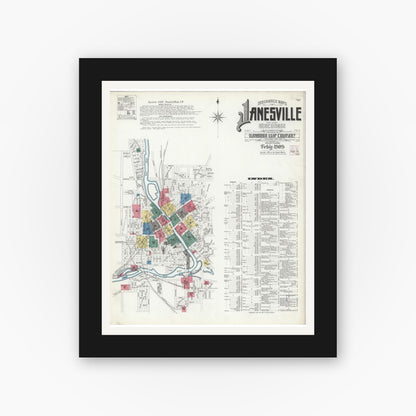 Old map wall art mockup — black gallery frame with white mat — Sanborn Fire Insurance Map from Janesville, Rock County, Wisconsin (1909) - Complete Map Set