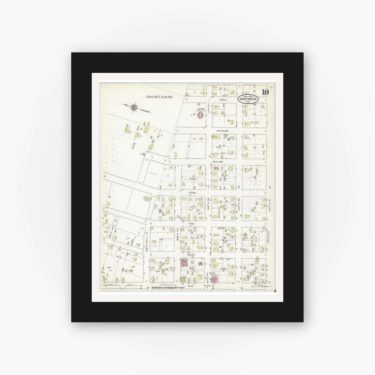 Old map wall art mockup — black gallery frame with white mat — Sanborn Fire Insurance Map from Sweetwater, Nolan County, Texas (1914), Sheet #0010