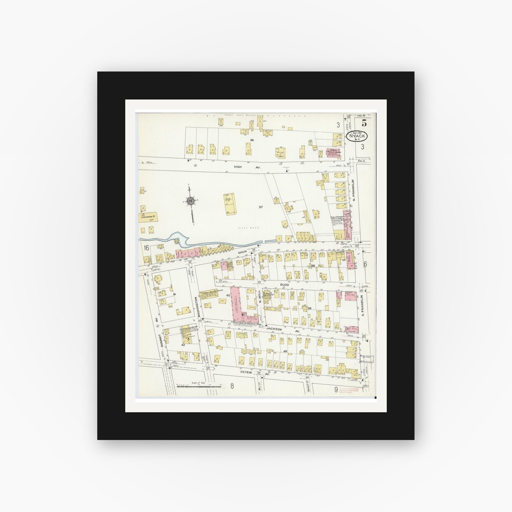 Old map wall art mockup — black gallery frame with white mat — Sanborn Fire Insurance Map from Nyack, Rockland County, New York. (1910), Sheet #0005