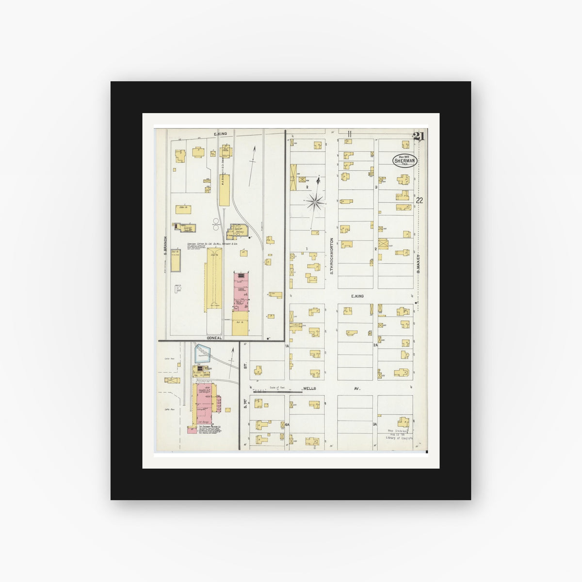 Old map wall art mockup — black gallery frame with white mat — Sanborn Fire Insurance Map from Sherman, Grayson County, Texas (1902), Sheet #0021