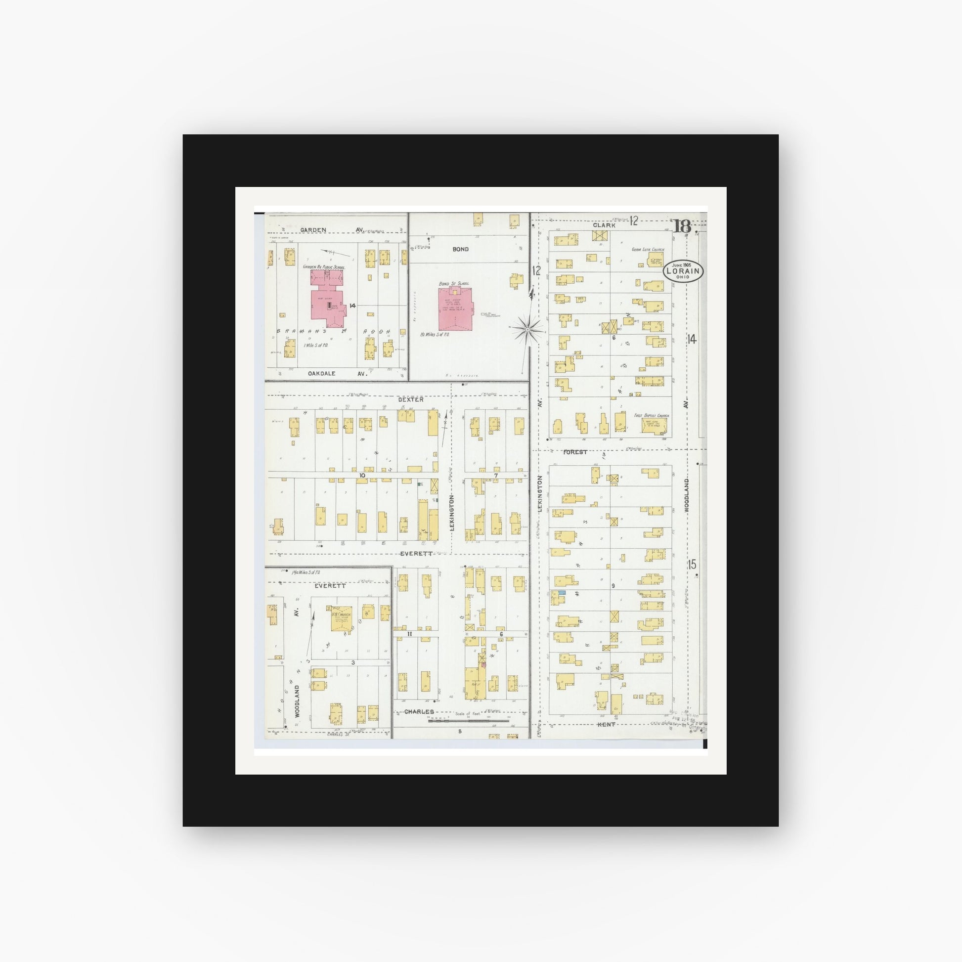 Old map wall art mockup — black gallery frame with white mat — Sanborn Fire Insurance Map from Lorain, Lorain County, Ohio (1905), Sheet #0018
