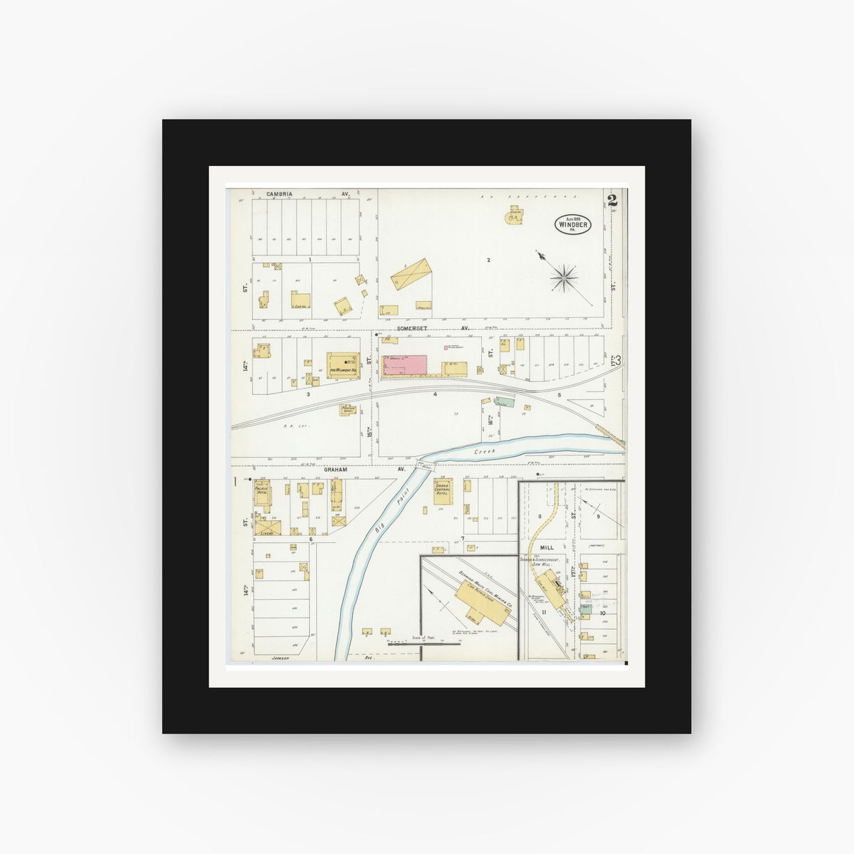 Old map wall art mockup — black gallery frame with white mat — Sanborn Fire Insurance Map from Windber, Somerset County, Pennsylvania (1899), Sheet #0002