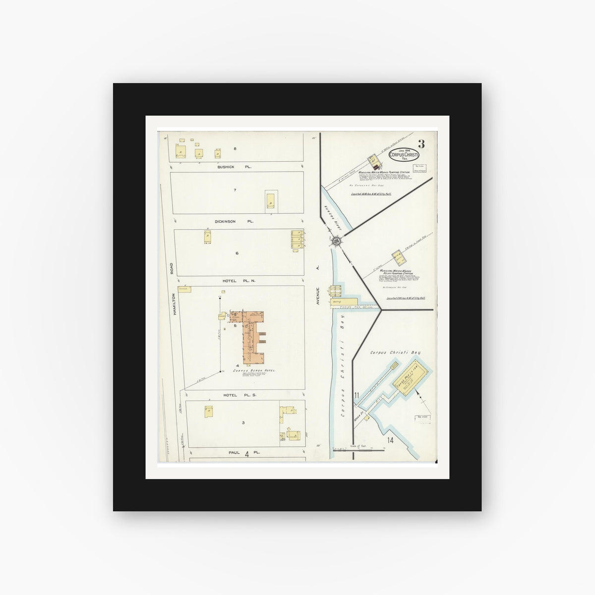Old map wall art mockup — black gallery frame with white mat — Sanborn Fire Insurance Map from Corpus Christi, Nueces County, Texas (1914), Sheet #0003