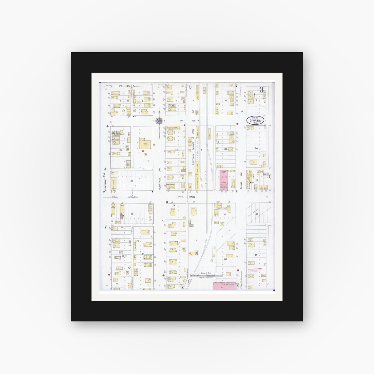 Old map wall art mockup — black gallery frame with white mat — Sanborn Fire Insurance Map from Biwabik, Saint Louis County, Minnesota (1921), Sheet #0003