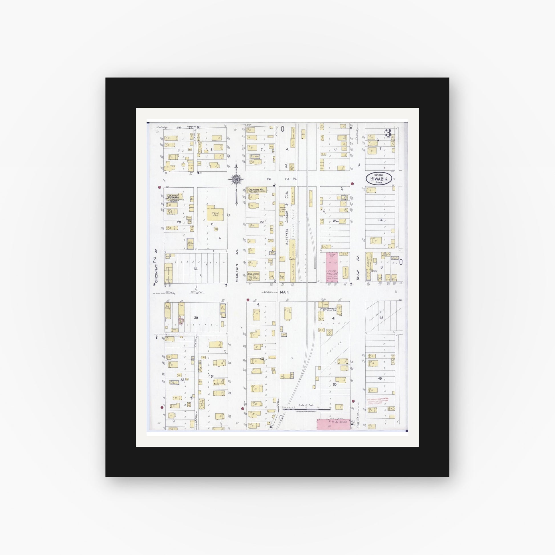 Old map wall art mockup — black gallery frame with white mat — Sanborn Fire Insurance Map from Biwabik, Saint Louis County, Minnesota (1921), Sheet #0003
