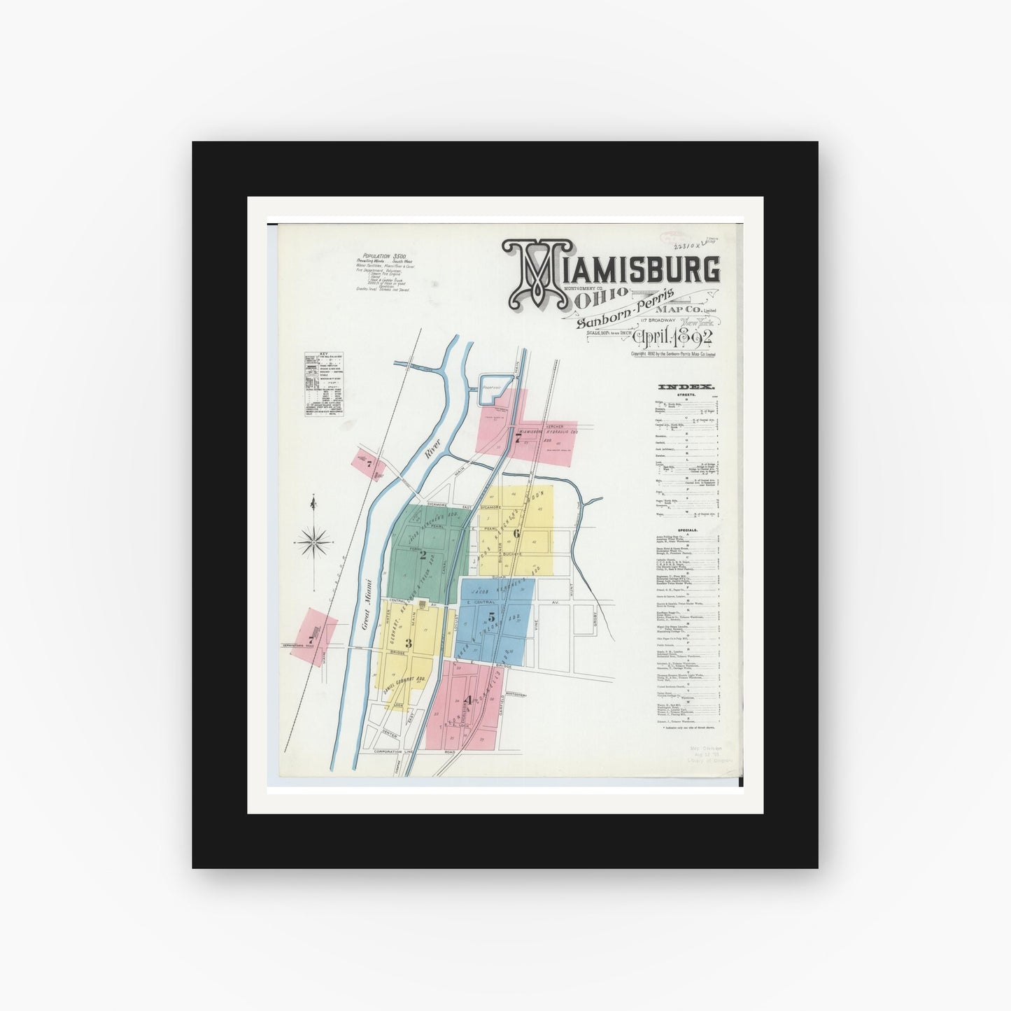 Old map wall art mockup — black gallery frame with white mat — Sanborn Fire Insurance Map from Miamisburg, Montgomery County, Ohio (1892) - Complete Map Set