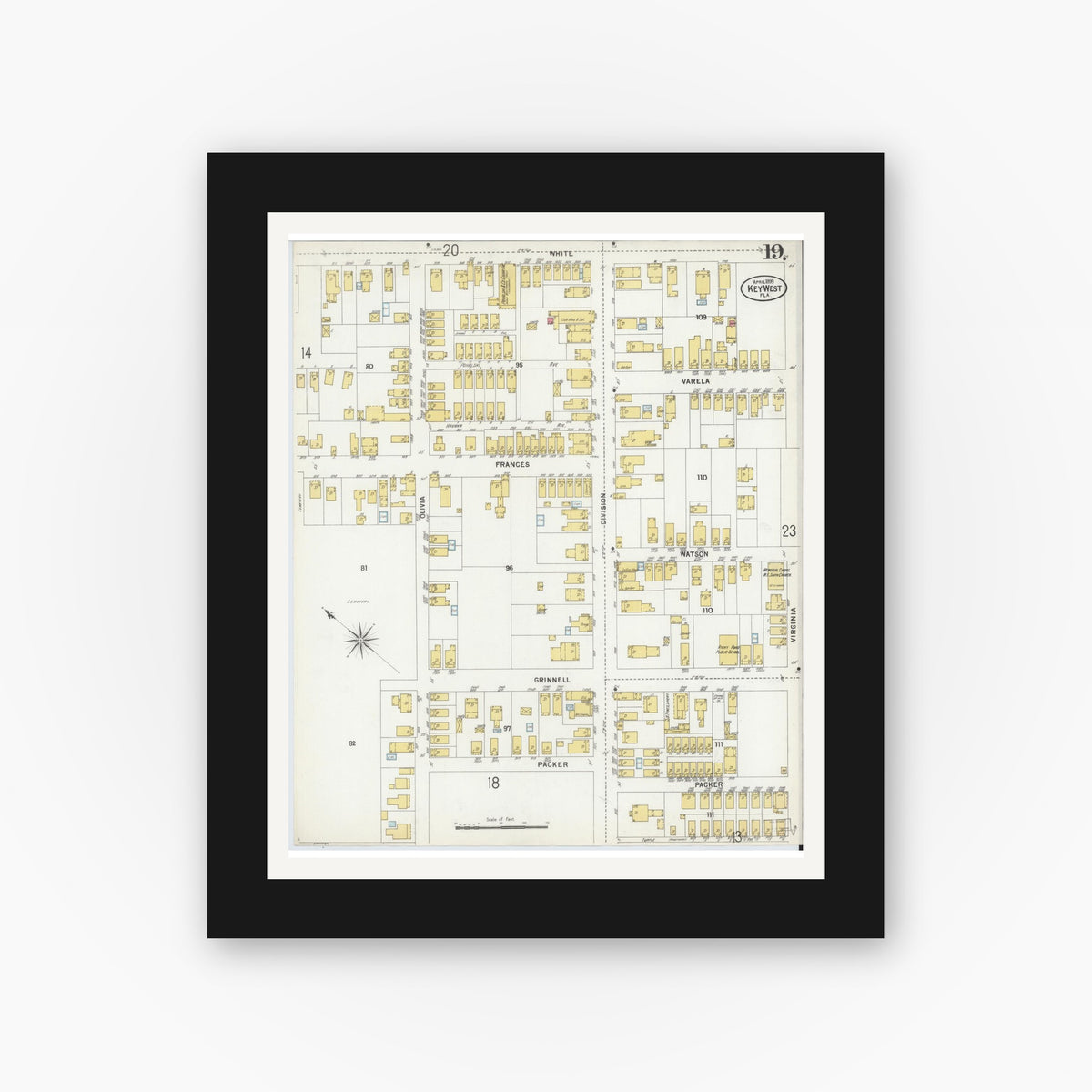 Old map wall art mockup — black gallery frame with white mat — Sanborn Fire Insurance Map from Key West, Monroe County, Florida (1899), Sheet #0019