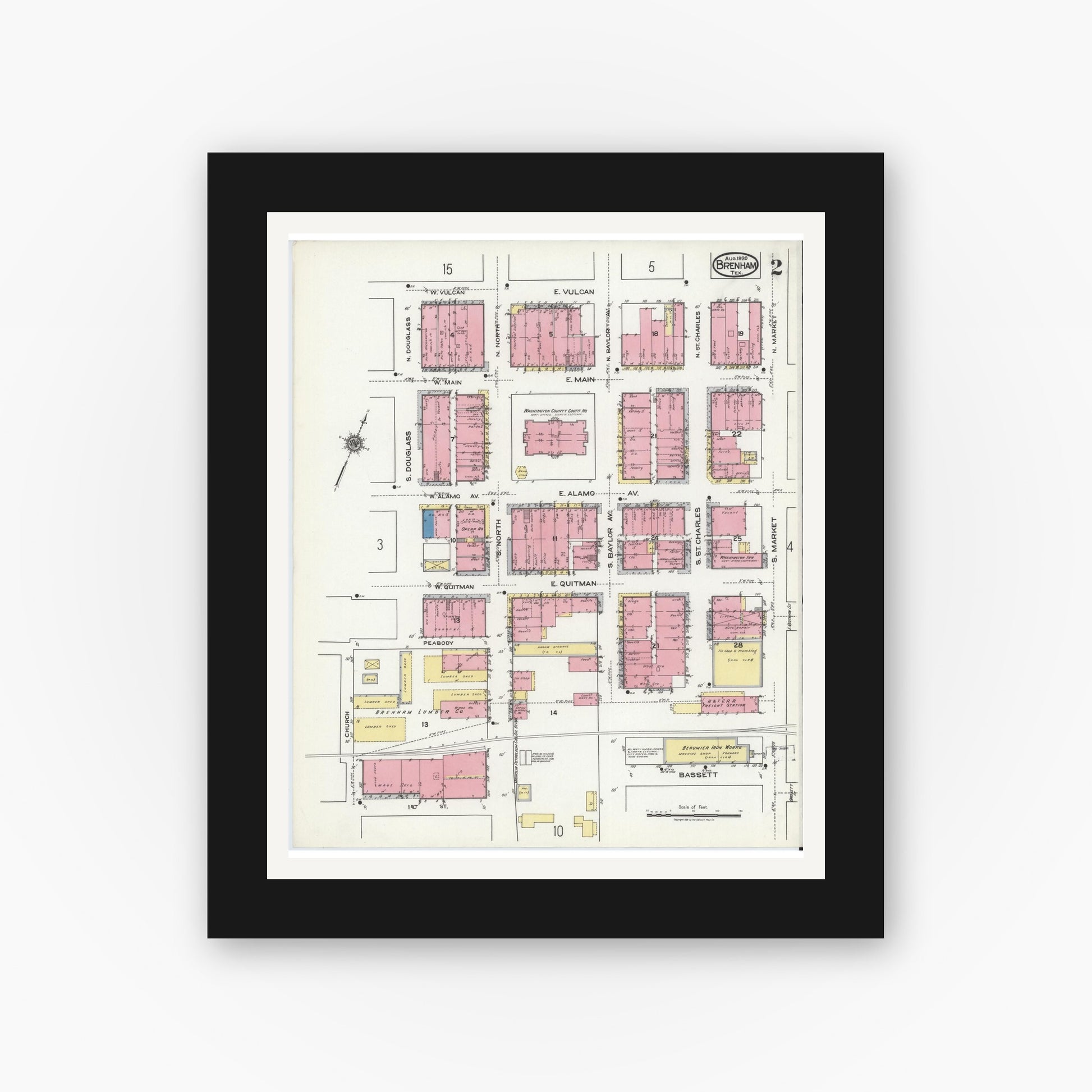 Old map wall art mockup — black gallery frame with white mat — Sanborn Fire Insurance Map from Brenham, Washington County, Texas (1920), Sheet #0002