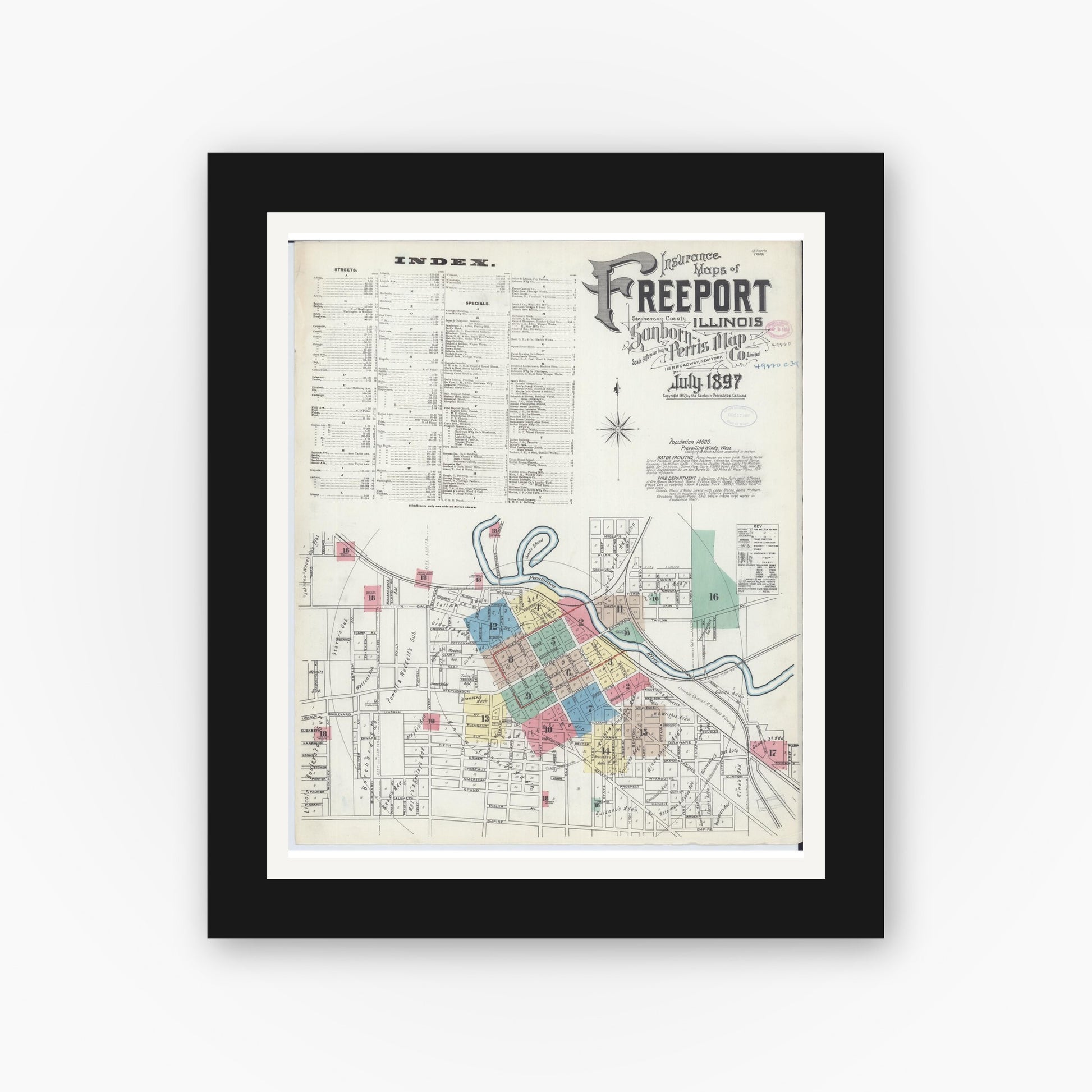 Old map wall art mockup — black gallery frame with white mat — Sanborn Fire Insurance Map from Freeport, Stephenson County, Illinois (1897), Sheet #0001
