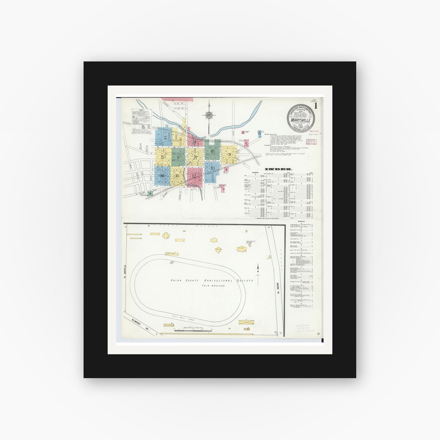 Old map wall art mockup — black gallery frame with white mat — Sanborn Fire Insurance Map from Marysville, Union County, Ohio (1910) - Complete Map Set