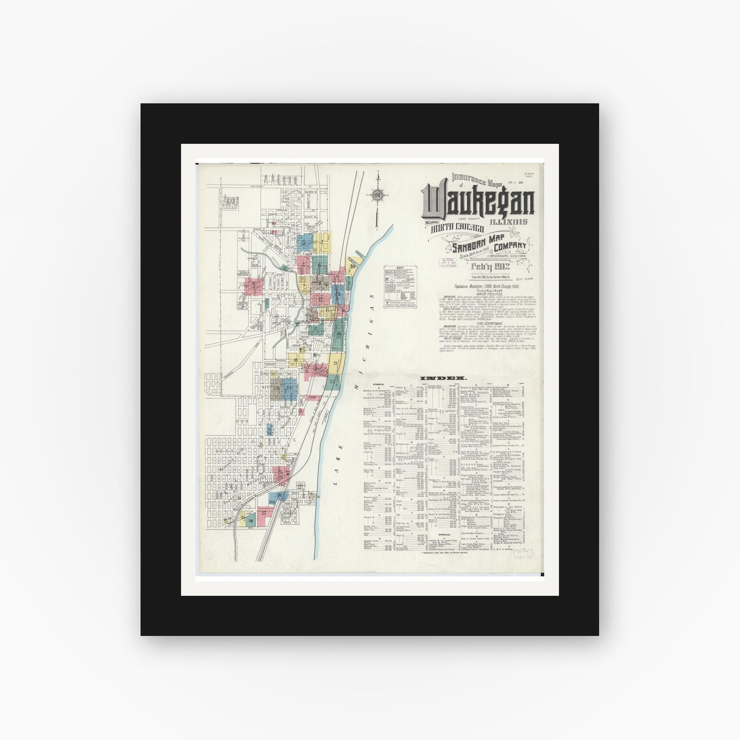 Old map wall art mockup — black gallery frame with white mat — Sanborn Fire Insurance Map from Waukegan, Lake County, Illinois (1912), Sheet #0001