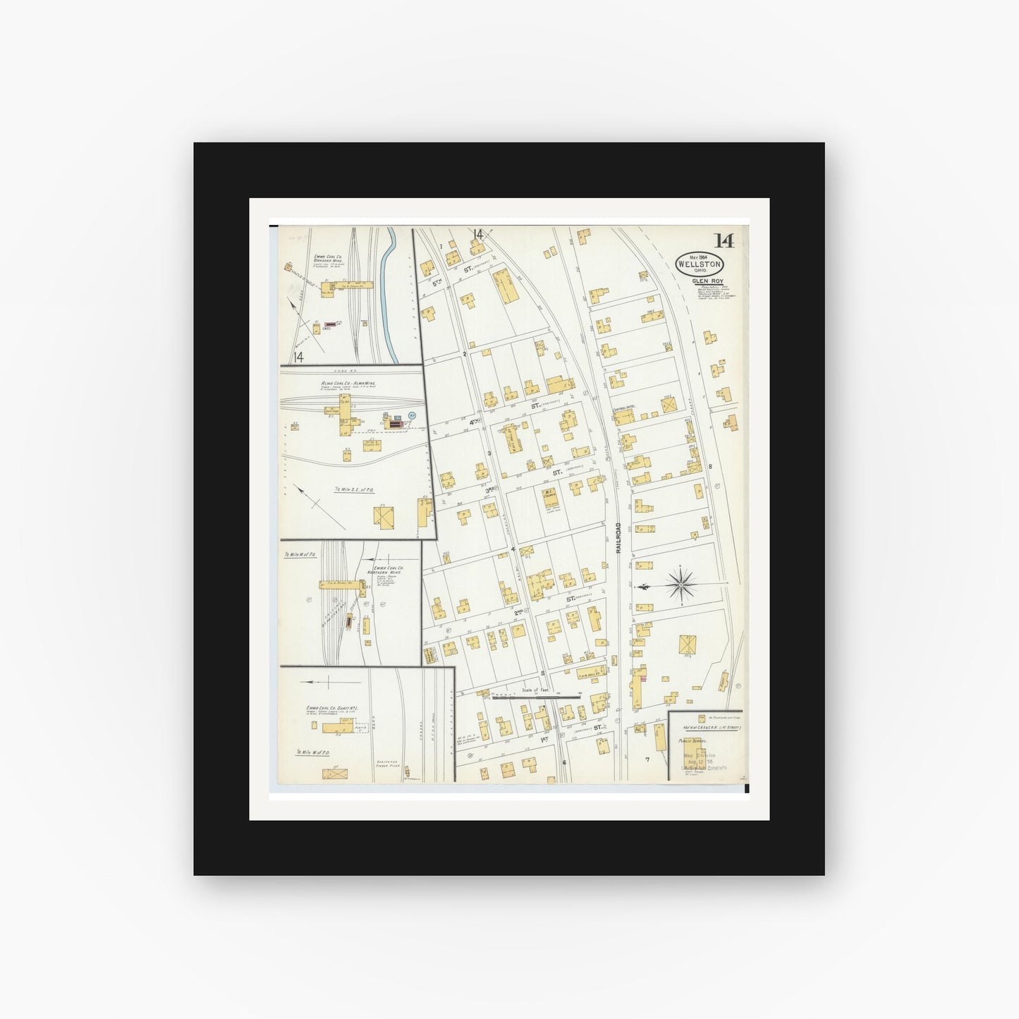 Old map wall art mockup — black gallery frame with white mat — Sanborn Fire Insurance Map from Wellston, Jackson County, Ohio (1904), Sheet #0014