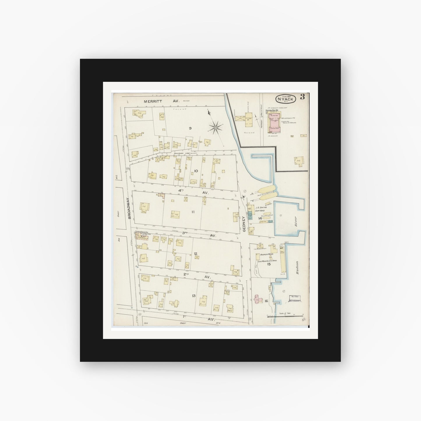 Old map wall art mockup — black gallery frame with white mat — Sanborn Fire Insurance Map from Nyack, Rockland County, New York. (1887), Sheet #0003