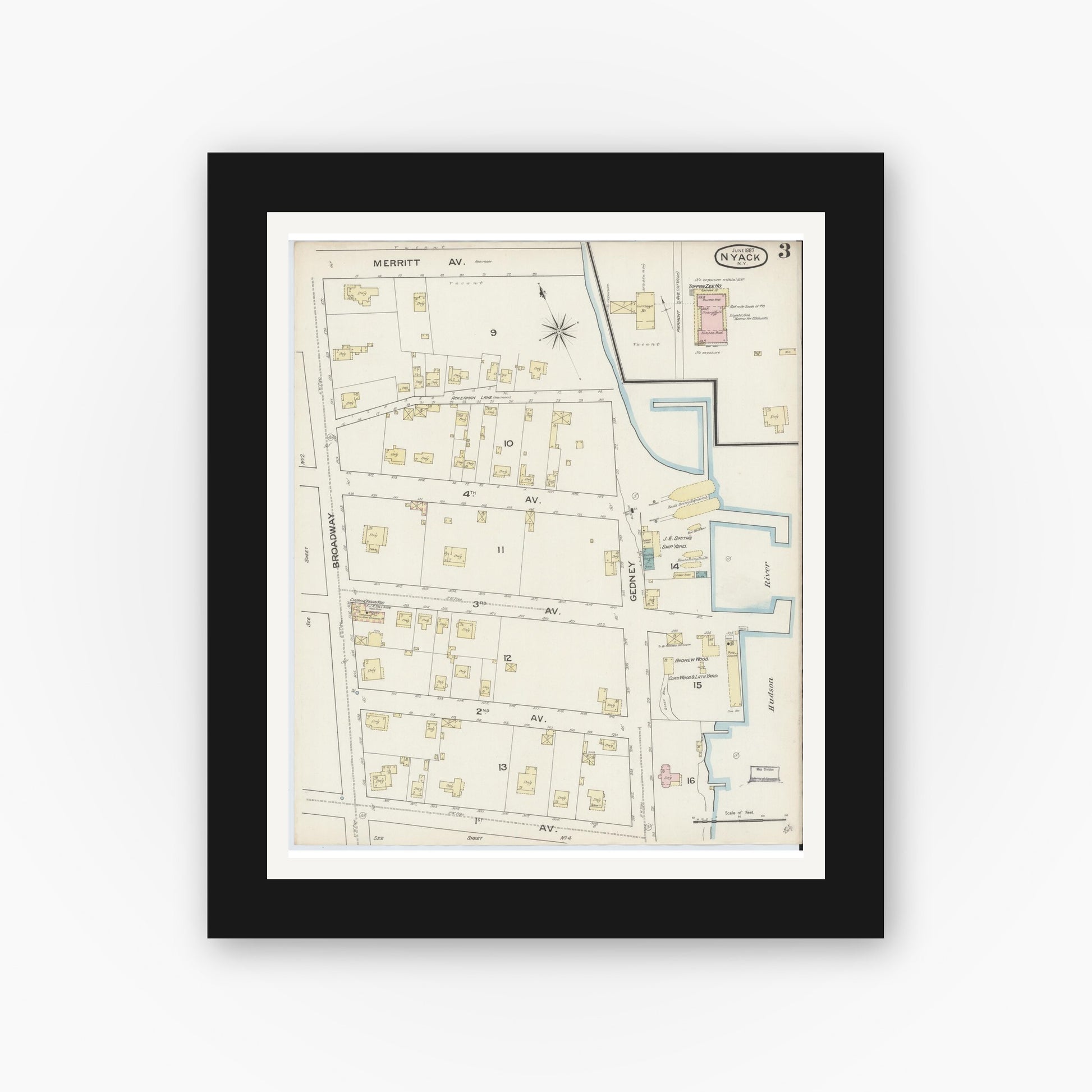 Old map wall art mockup — black gallery frame with white mat — Sanborn Fire Insurance Map from Nyack, Rockland County, New York. (1887), Sheet #0003