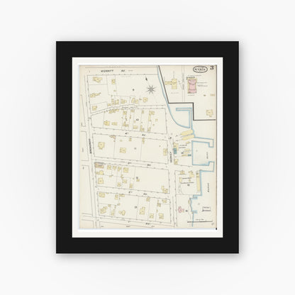 Old map wall art mockup — black gallery frame with white mat — Sanborn Fire Insurance Map from Nyack, Rockland County, New York. (1887), Sheet #0003