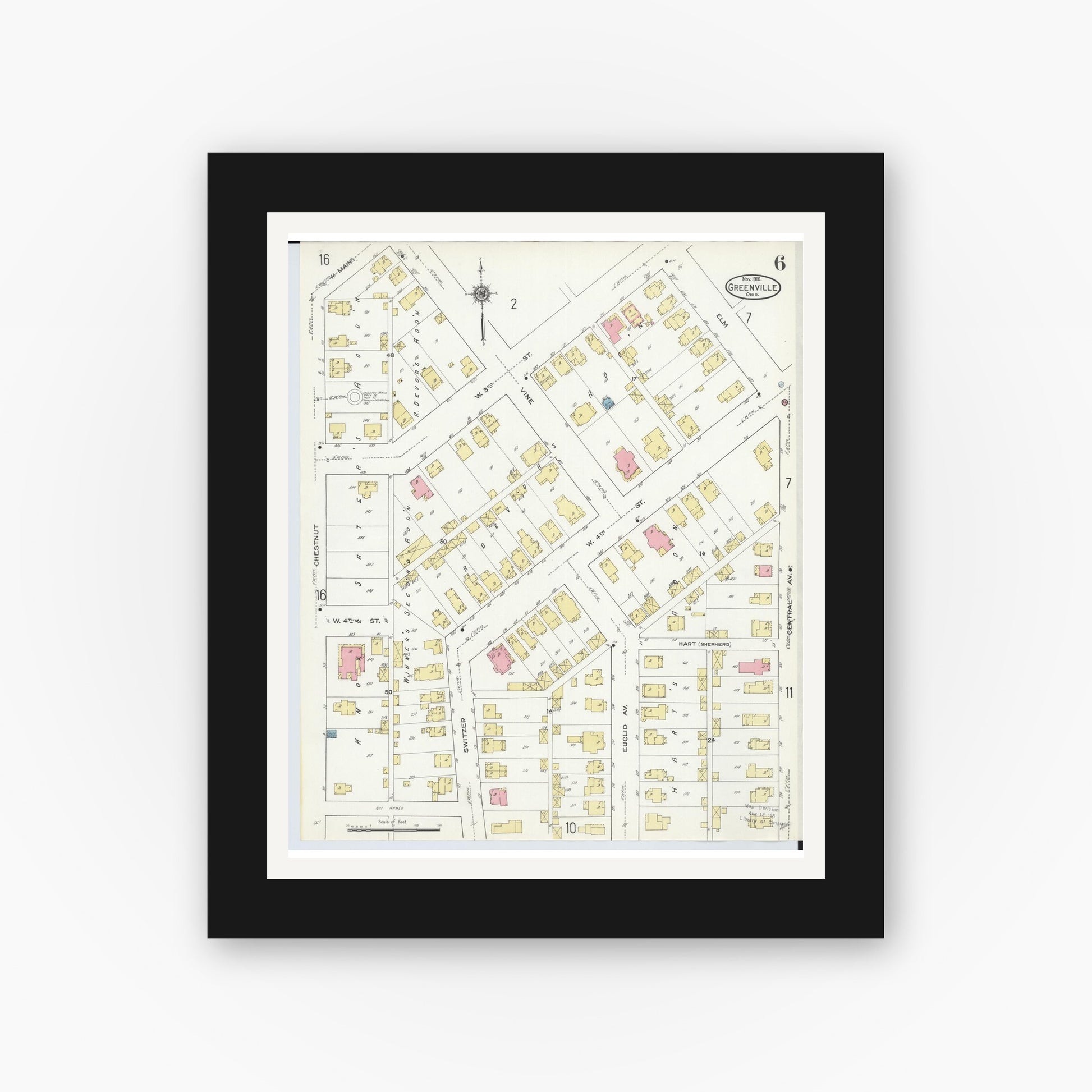 Old map wall art mockup — black gallery frame with white mat — Sanborn Fire Insurance Map from Greenville, Darke County, Ohio (1910), Sheet #0006
