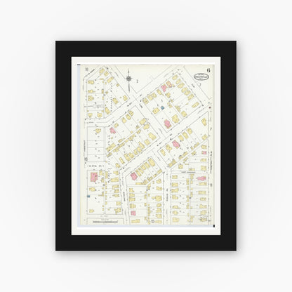 Old map wall art mockup — black gallery frame with white mat — Sanborn Fire Insurance Map from Greenville, Darke County, Ohio (1910), Sheet #0006