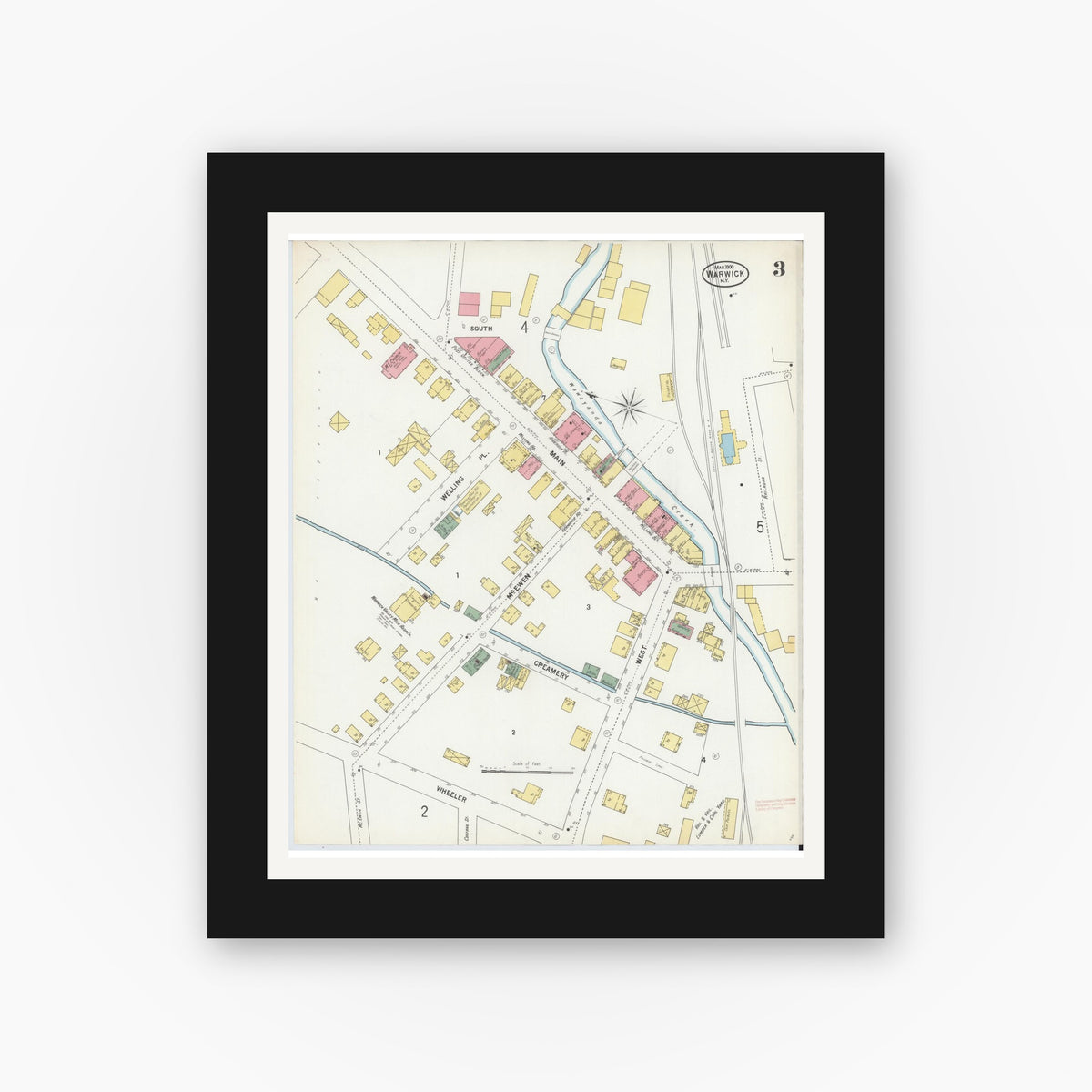 Old map wall art mockup — black gallery frame with white mat — Sanborn Fire Insurance Map from Warwick, Orange County, New York (1900), Sheet #0003