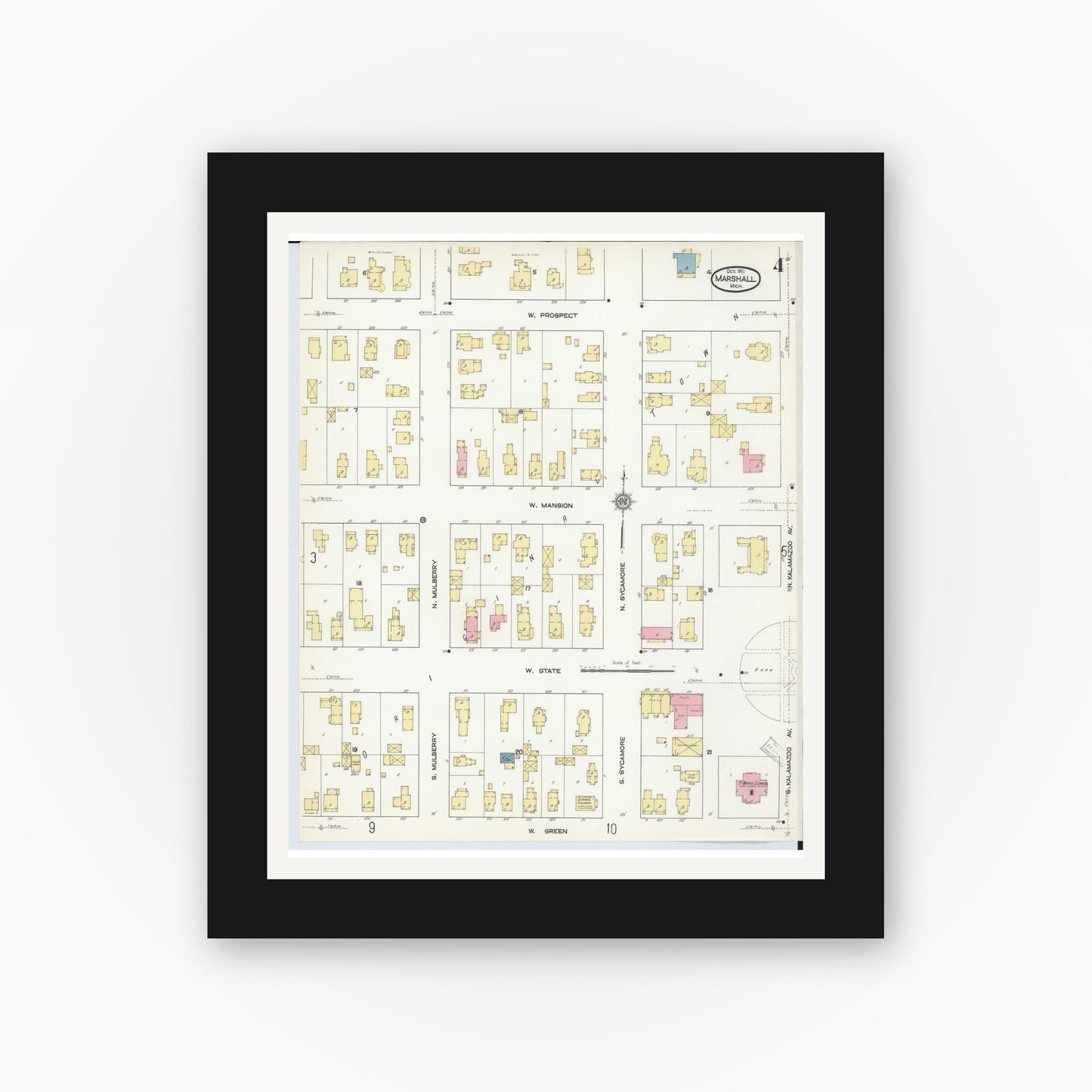Old map wall art mockup — black gallery frame with white mat — Sanborn Fire Insurance Map from Marshall, Calhoun County, Michigan (1911), Sheet #0004