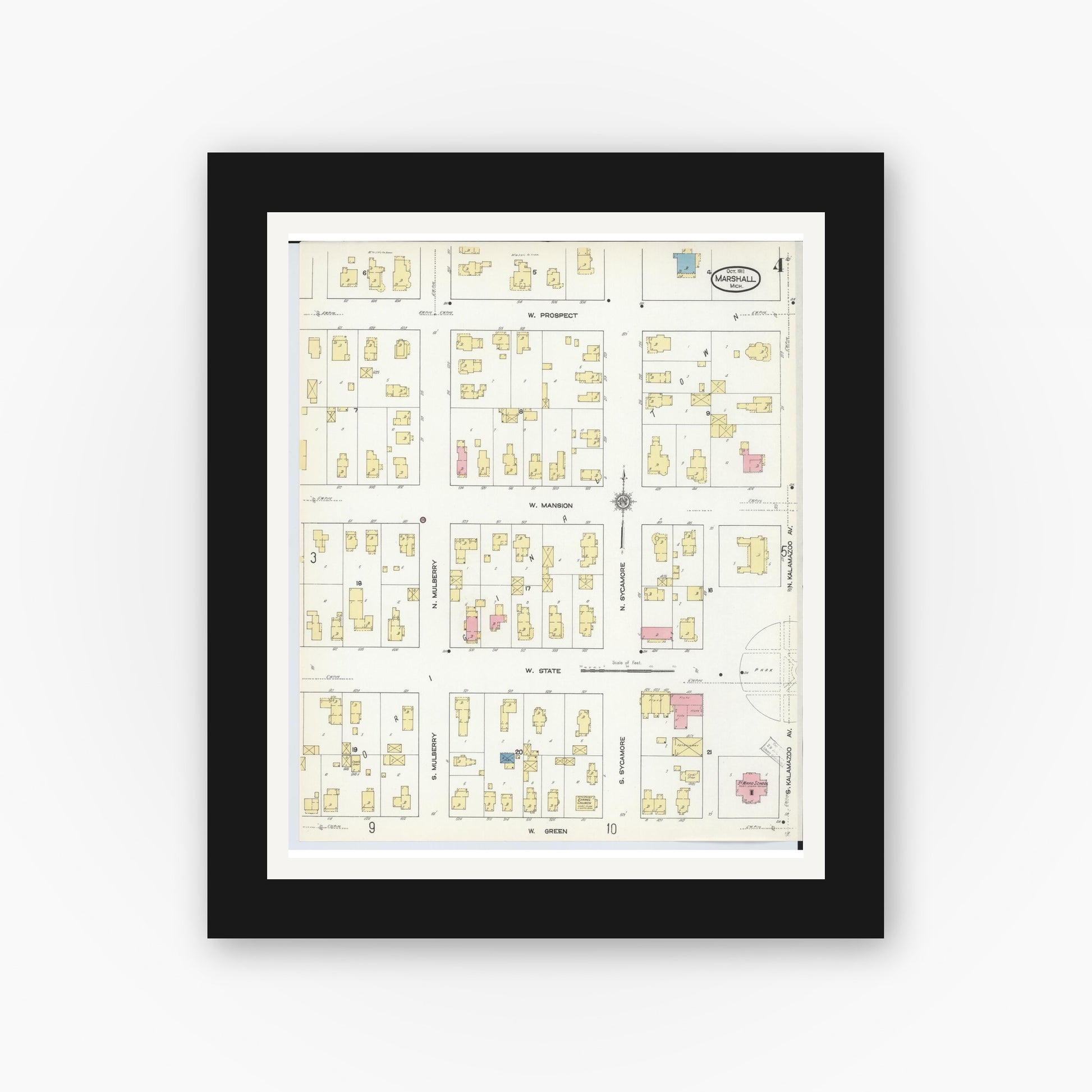 Old map wall art mockup — black gallery frame with white mat — Sanborn Fire Insurance Map from Marshall, Calhoun County, Michigan (1911), Sheet #0004