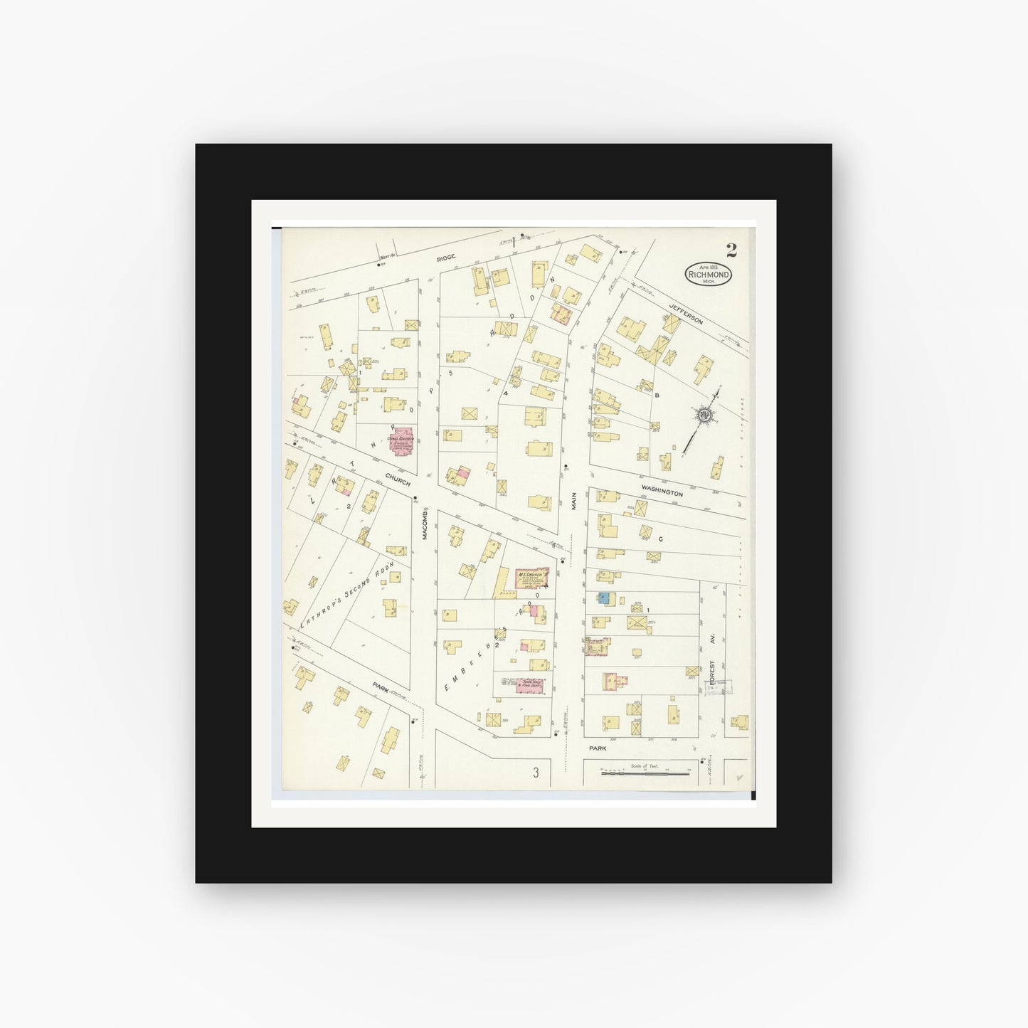 Old map wall art mockup — black gallery frame with white mat — Sanborn Fire Insurance Map from Richmond, Macomb County, Michigan (1913), Sheet #0002