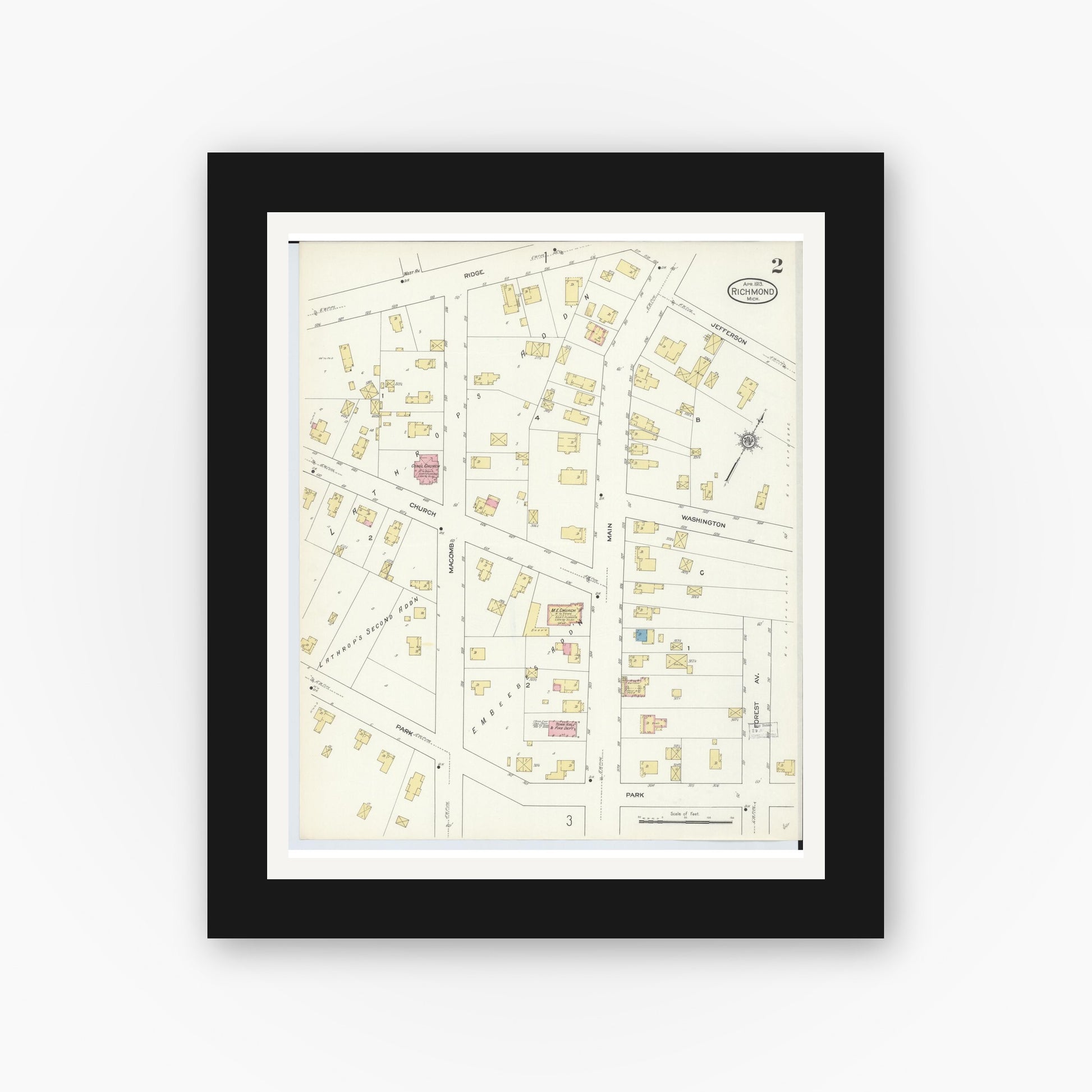 Old map wall art mockup — black gallery frame with white mat — Sanborn Fire Insurance Map from Richmond, Macomb County, Michigan (1913), Sheet #0002