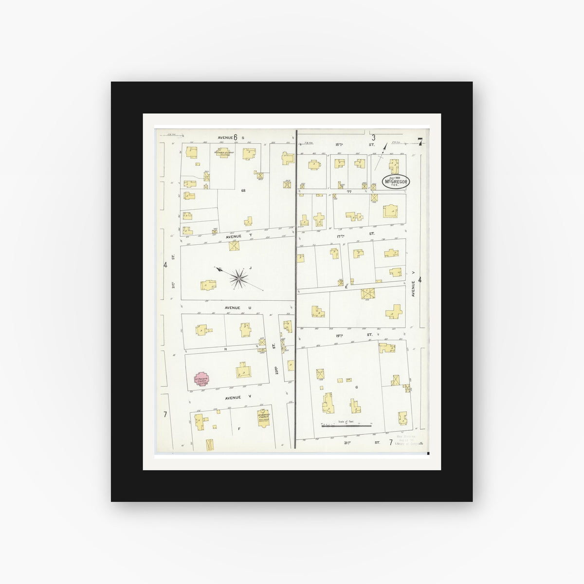 Old map wall art mockup — black gallery frame with white mat — Sanborn Fire Insurance Map from McGregor, McLennan County, Texas (1909), Sheet #0007