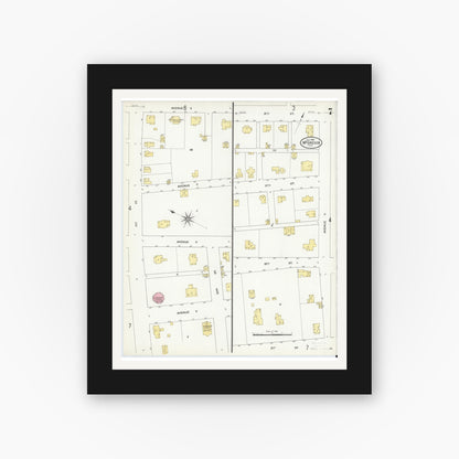 Old map wall art mockup — black gallery frame with white mat — Sanborn Fire Insurance Map from McGregor, McLennan County, Texas (1909), Sheet #0007