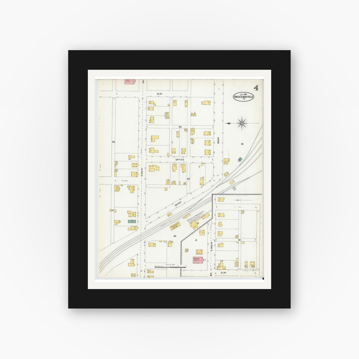 Old map wall art mockup — black gallery frame with white mat — Sanborn Fire Insurance Map from Brockway, Jefferson County, Pennsylvania (1904), Sheet #0004
