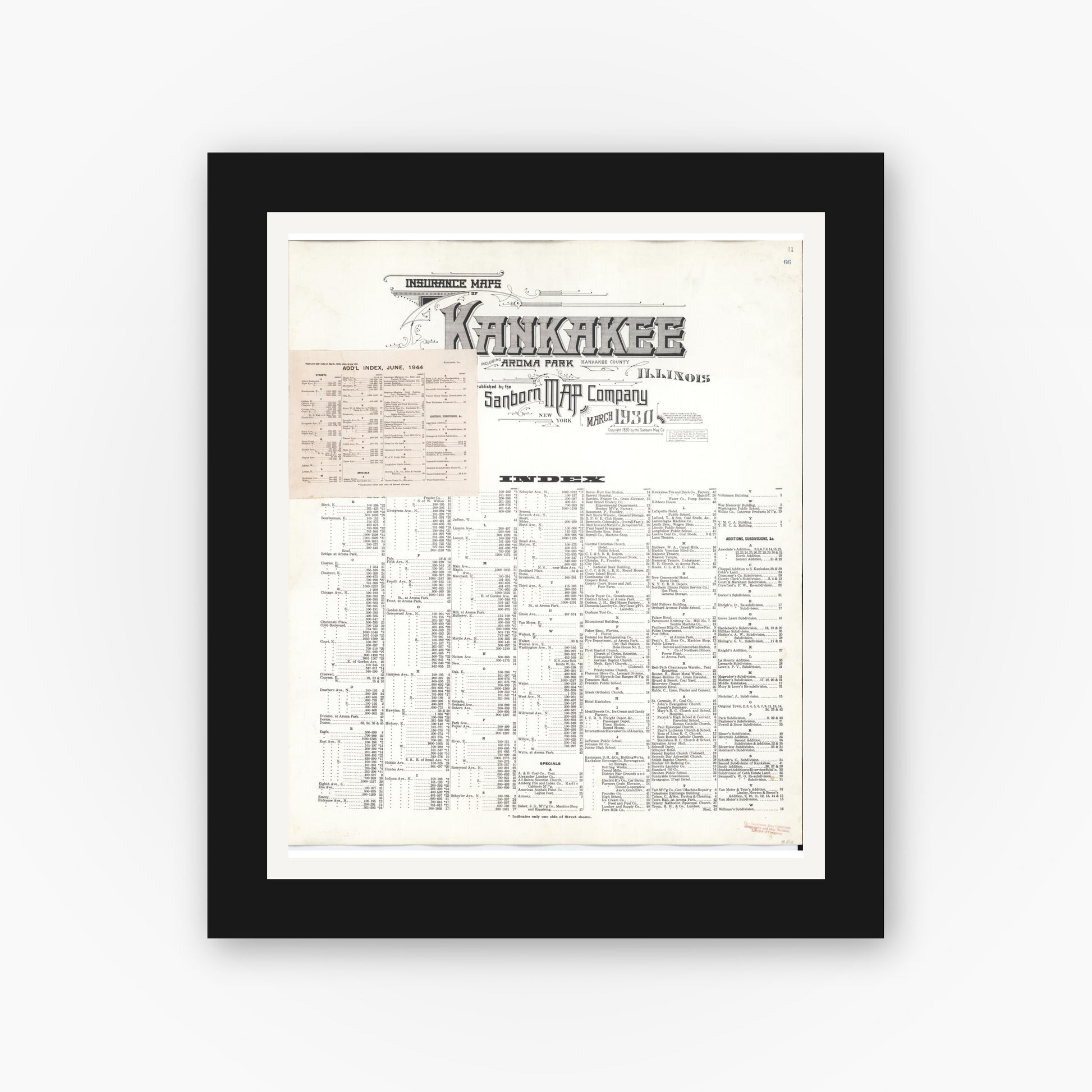 Old map wall art mockup — black gallery frame with white mat — Sanborn Fire Insurance Map from Kankakee, Kankakee County, Illinois (1948), Sheet #0001