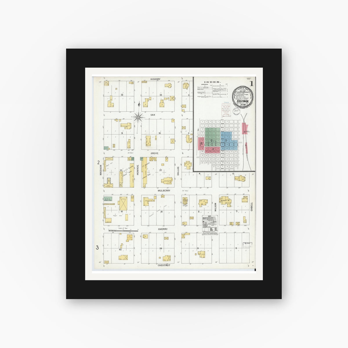 Old map wall art mockup — black gallery frame with white mat — Sanborn Fire Insurance Map from Kaufman, Kaufman County, Texas (1900) - Complete Map Set