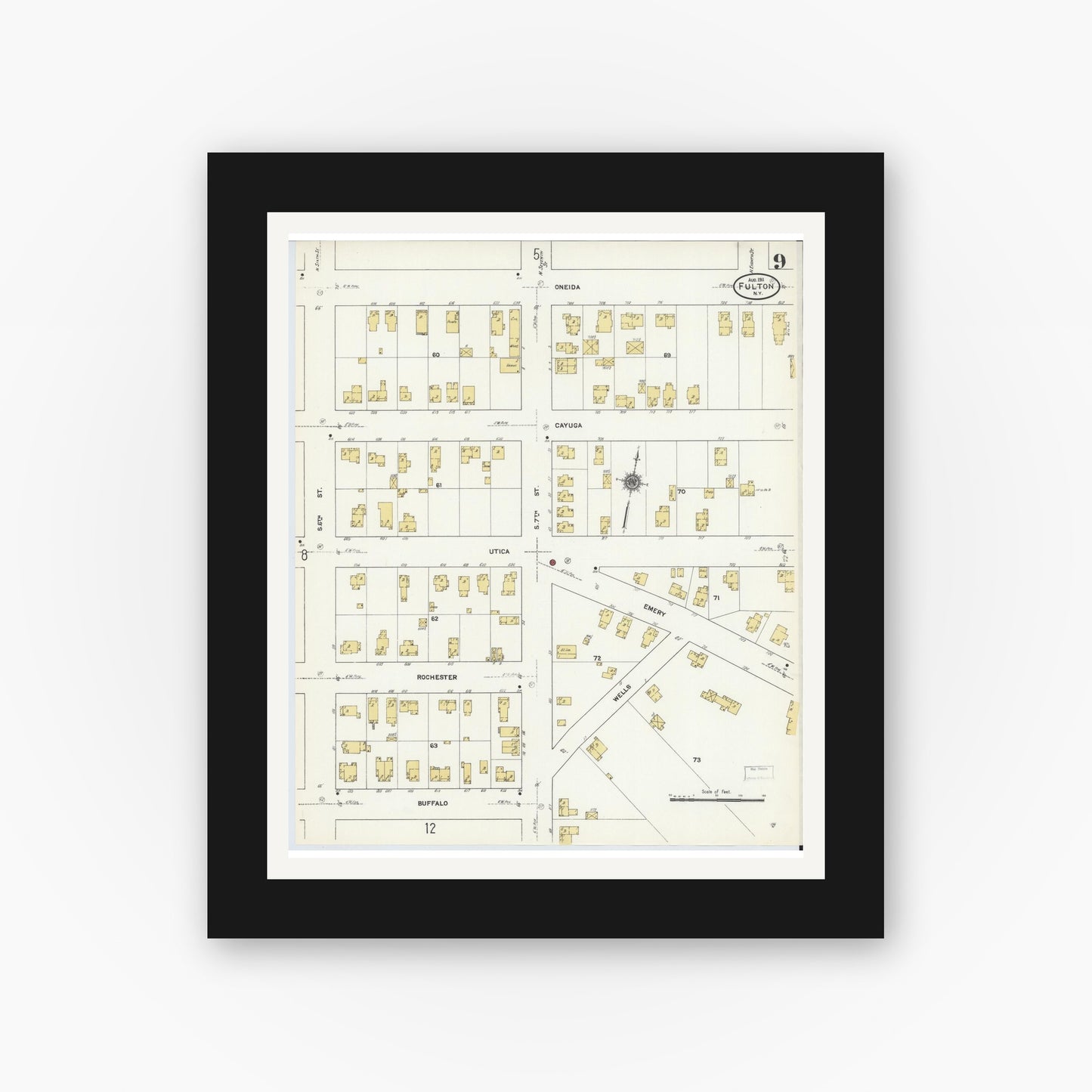 Old map wall art mockup — black gallery frame with white mat — Sanborn Fire Insurance Map from Fulton, Oswego County, New York (1911), Sheet #0009