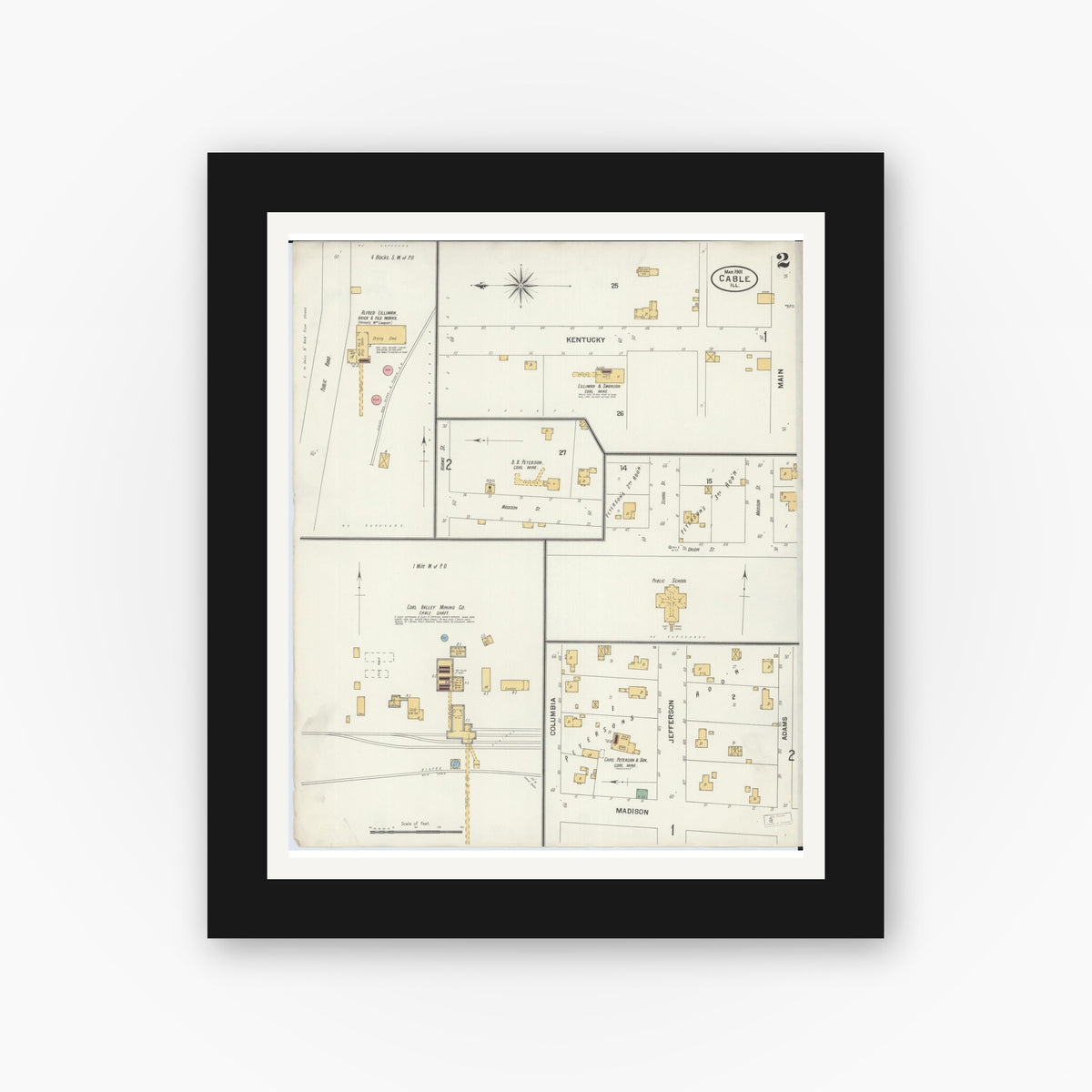 Old map wall art mockup — black gallery frame with white mat — Sanborn Fire Insurance Map from Cable, Mercer County, Illinois (1901), Sheet #0002