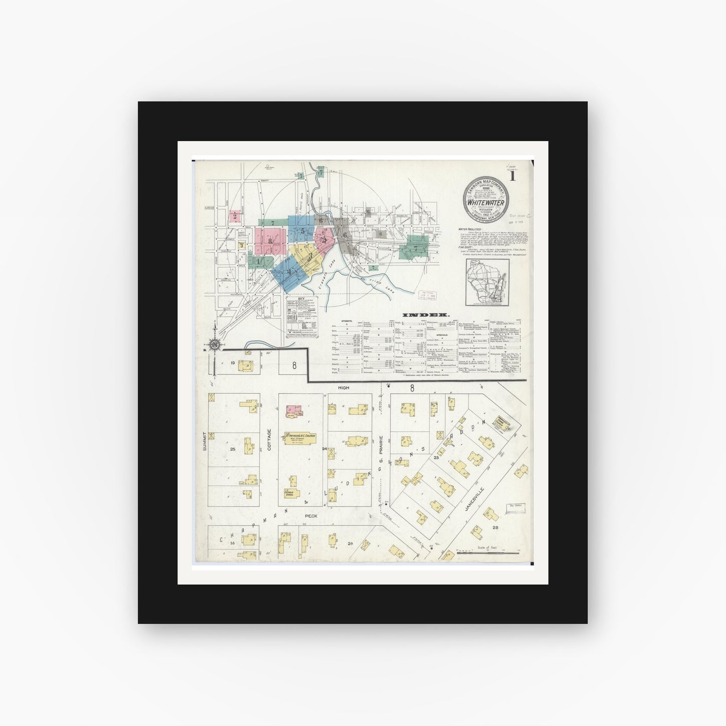 Old map wall art mockup — black gallery frame with white mat — Sanborn Fire Insurance Map from Whitewater, Walworth County, Wisconsin (1912), Sheet #0001