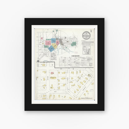 Old map wall art mockup — black gallery frame with white mat — Sanborn Fire Insurance Map from Whitewater, Walworth County, Wisconsin (1912), Sheet #0001