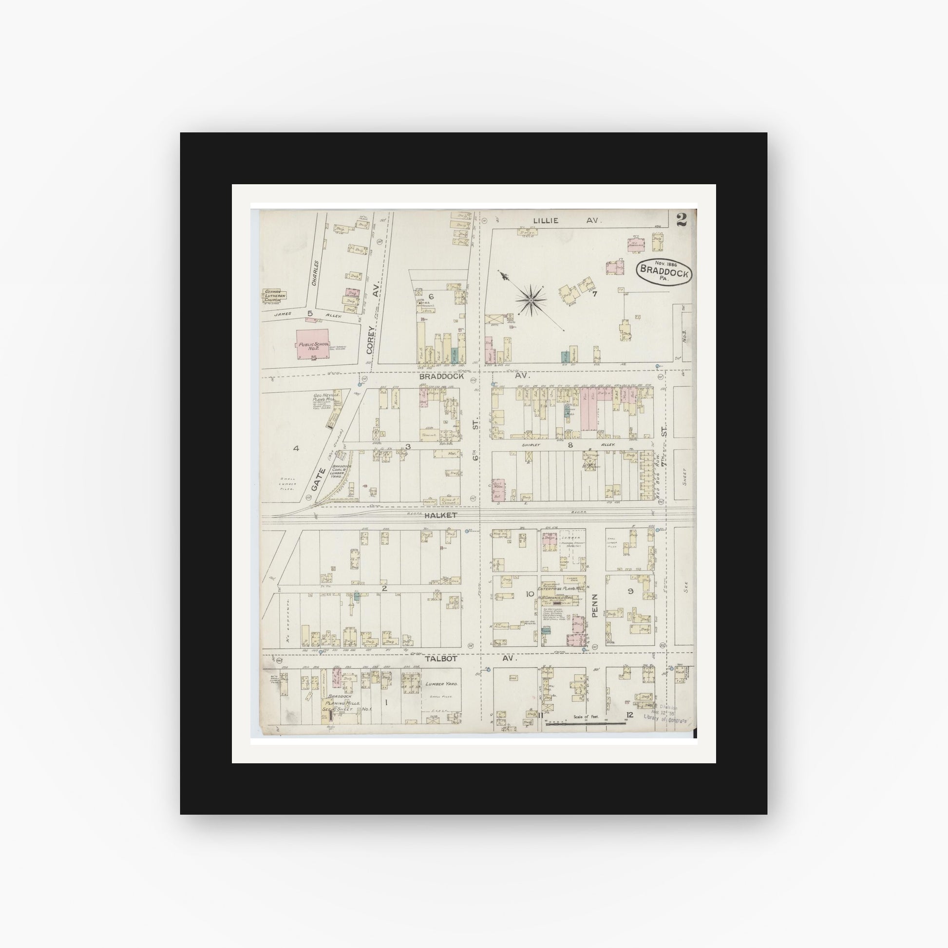 Old map wall art mockup — black gallery frame with white mat — Sanborn Fire Insurance Map from Braddock, Allegheny County, Pennsylvania (1886), Sheet #0002