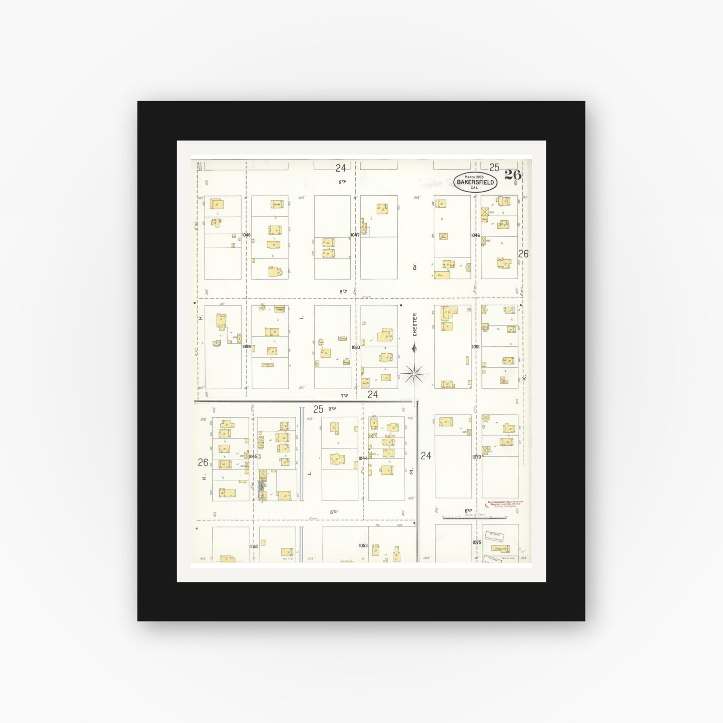 Old map wall art mockup — black gallery frame with white mat — Sanborn Fire Insurance Map from Bakersfield, Kern County, California (1905), Sheet #0026