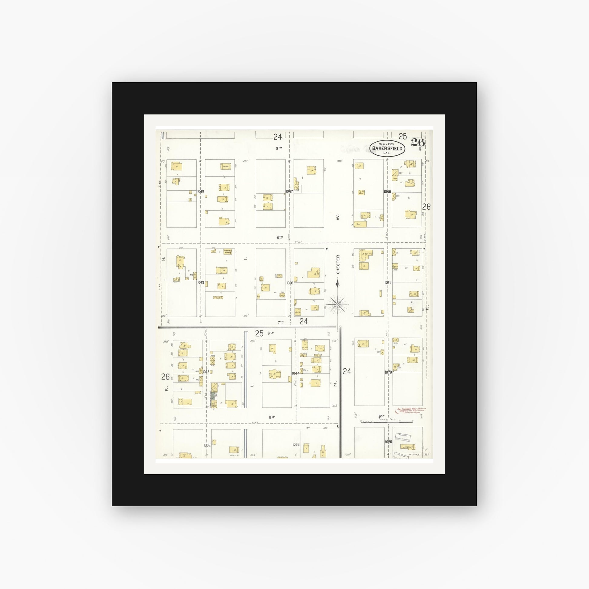 Old map wall art mockup — black gallery frame with white mat — Sanborn Fire Insurance Map from Bakersfield, Kern County, California (1905), Sheet #0026