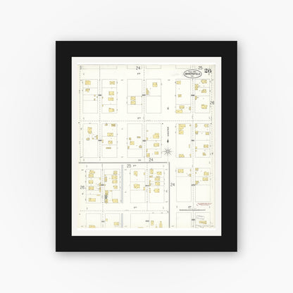 Old map wall art mockup — black gallery frame with white mat — Sanborn Fire Insurance Map from Bakersfield, Kern County, California (1905), Sheet #0026