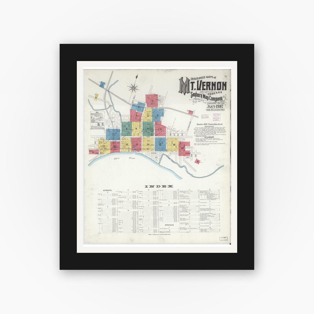 Old map wall art mockup — black gallery frame with white mat — Sanborn Fire Insurance Map from Mount Vernon, Posey County, Indiana (1907), Sheet #0001