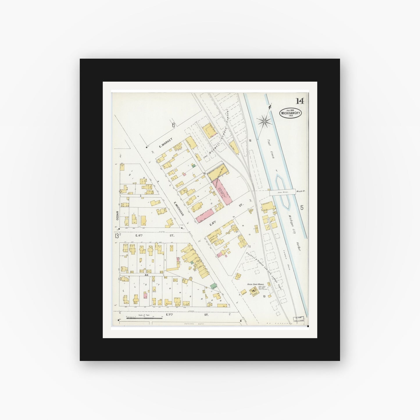 Old map wall art mockup — black gallery frame with white mat — Sanborn Fire Insurance Map from Michigan City, La Porte County, Indiana (1899), Sheet #0014