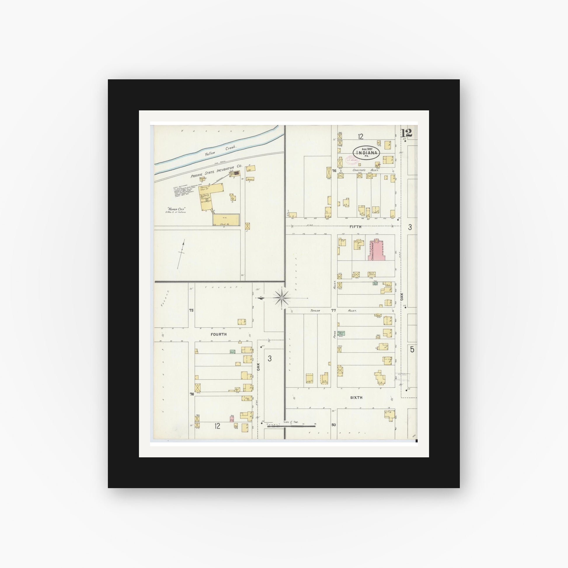 Old map wall art mockup — black gallery frame with white mat — Sanborn Fire Insurance Map from Indiana, Indiana County, Pennsylvania (1888), Sheet #0012