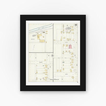 Old map wall art mockup — black gallery frame with white mat — Sanborn Fire Insurance Map from Indiana, Indiana County, Pennsylvania (1888), Sheet #0012