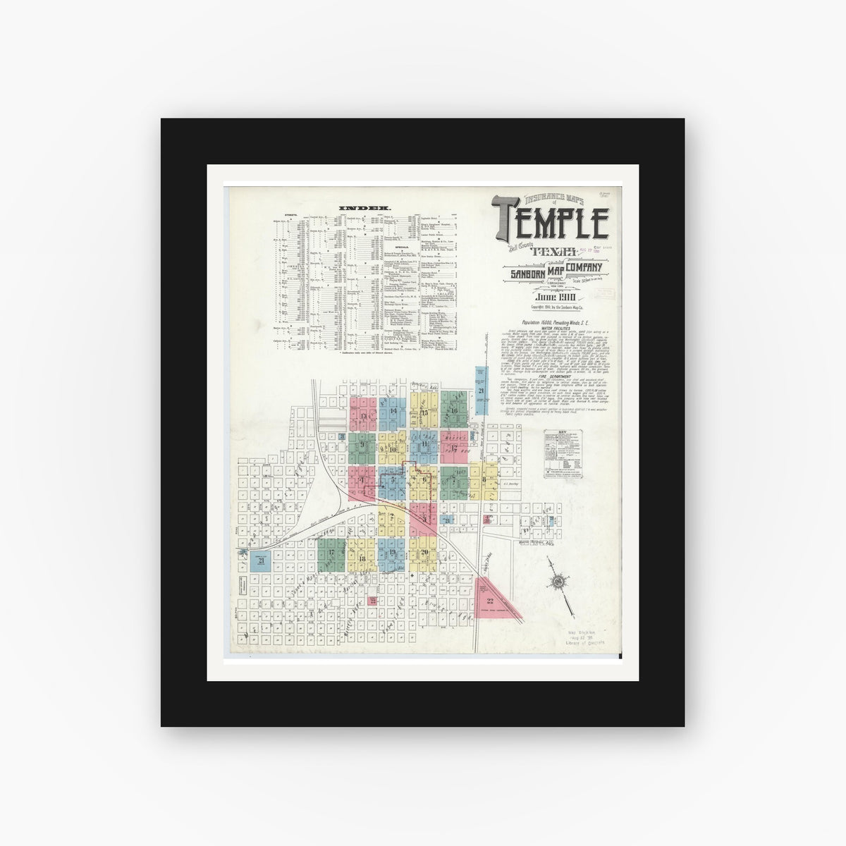 Old map wall art mockup — black gallery frame with white mat — Sanborn Fire Insurance Map from Temple, Bell County, Texas (1910), Sheet #0001