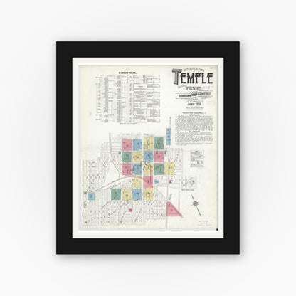 Old map wall art mockup — black gallery frame with white mat — Sanborn Fire Insurance Map from Temple, Bell County, Texas (1910), Sheet #0001