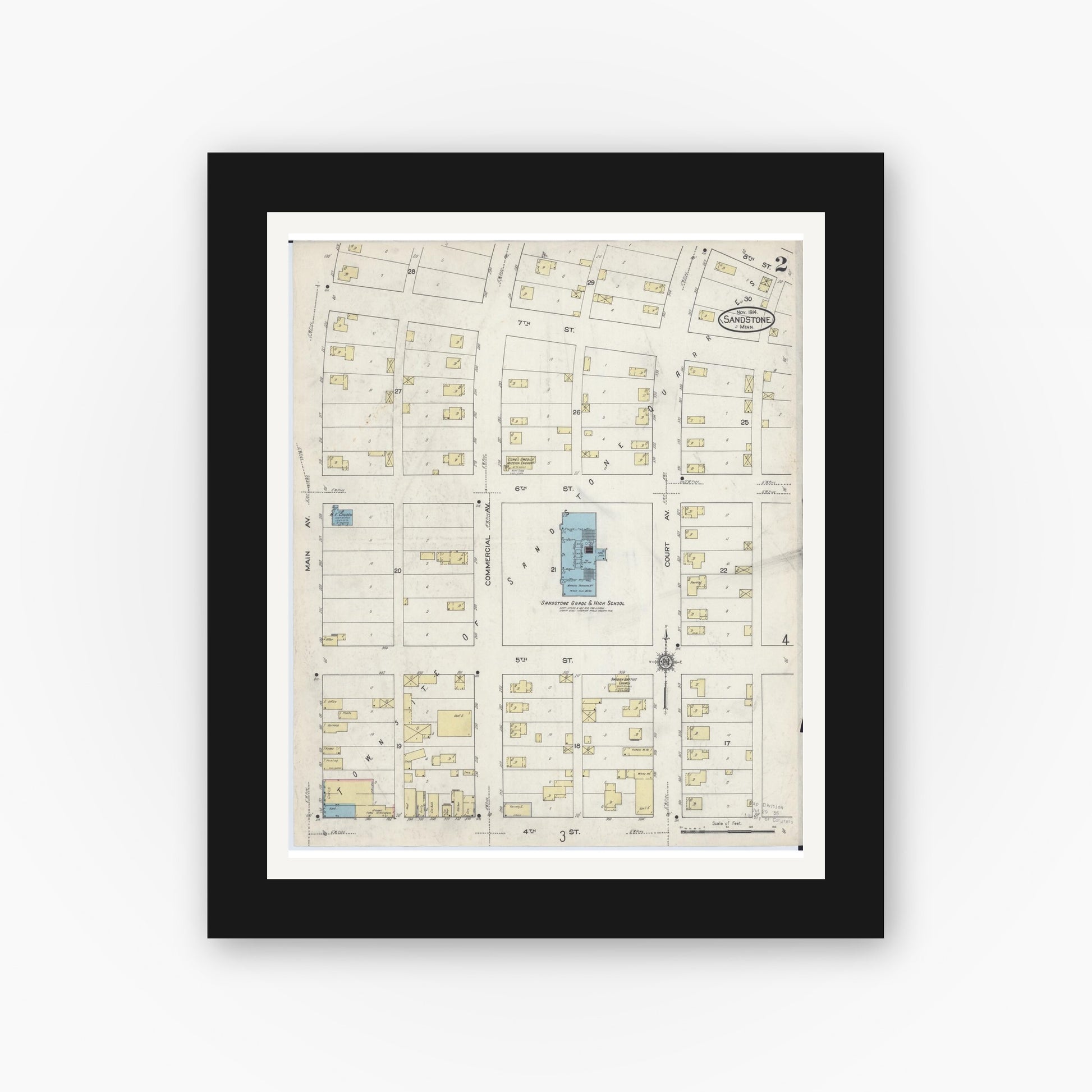 Old map wall art mockup — black gallery frame with white mat — Sanborn Fire Insurance Map from Sandstone, Pine County, Minnesota (1914), Sheet #0002