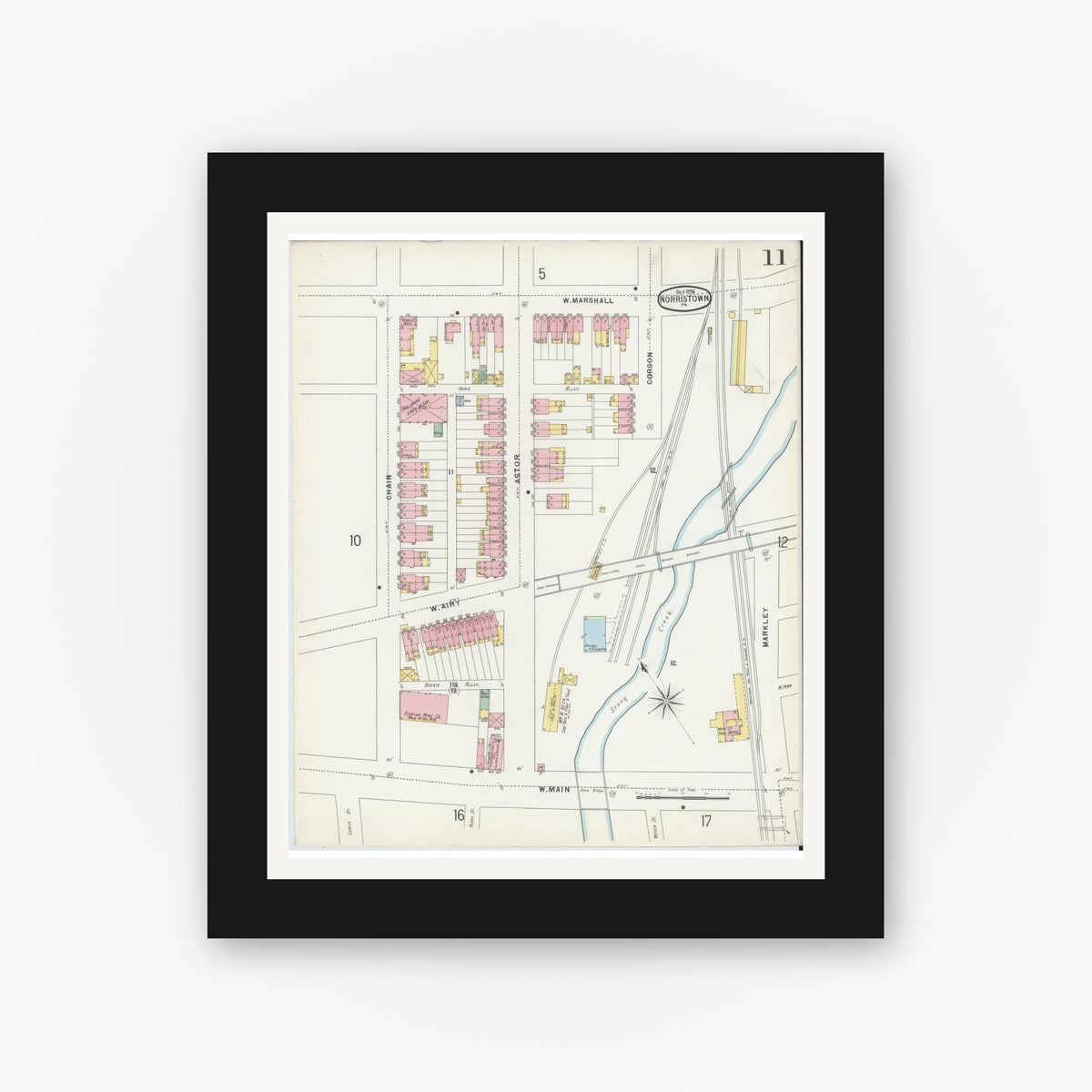 Old map wall art mockup — black gallery frame with white mat — Sanborn Fire Insurance Map from Norristown, Montgomery County, Pennsylvania (1896), Sheet #0011