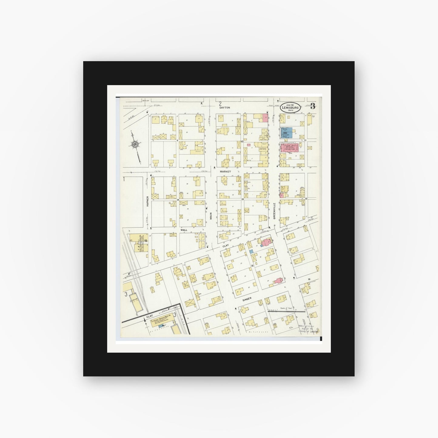 Old map wall art mockup — black gallery frame with white mat — Sanborn Fire Insurance Map from Lewisburg, Preble County, Ohio (1911), Sheet #0003