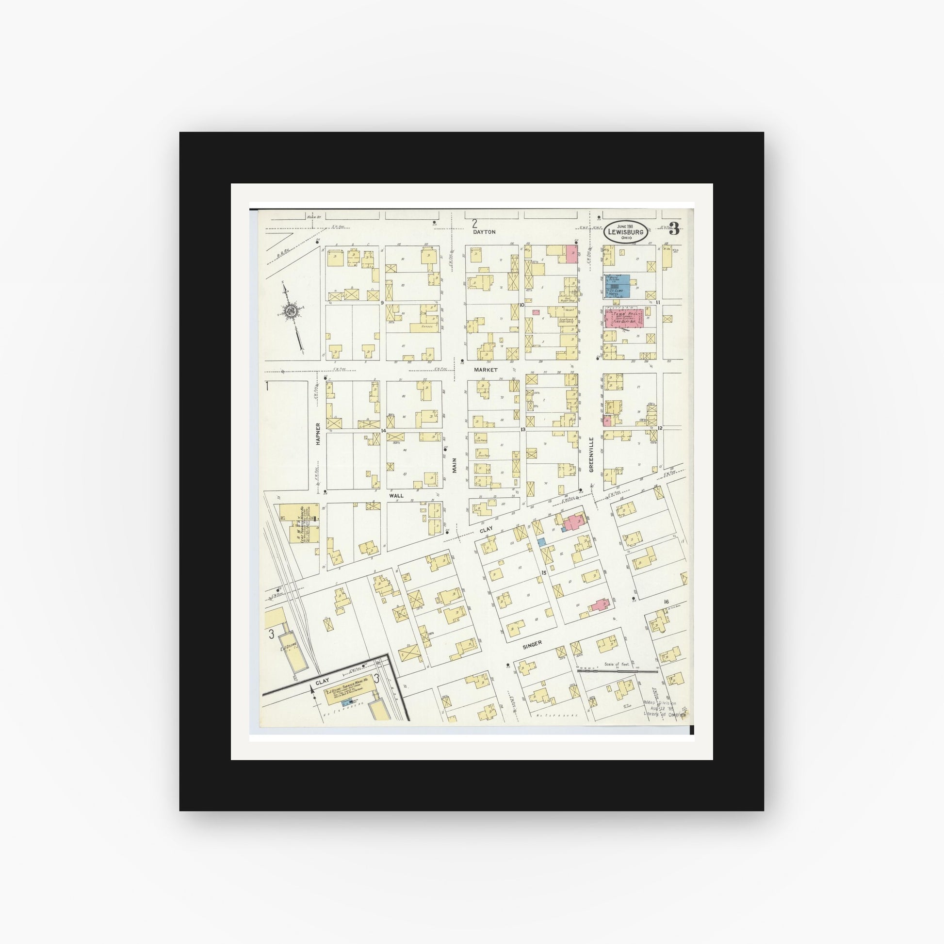 Old map wall art mockup — black gallery frame with white mat — Sanborn Fire Insurance Map from Lewisburg, Preble County, Ohio (1911), Sheet #0003